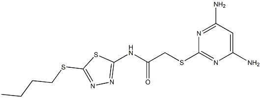 N-(5-butylsulfanyl-1,3,4-thiadiazol-2-yl)-2-(4,6-diaminopyrimidin-2-yl)sulfanylacetamide Struktur