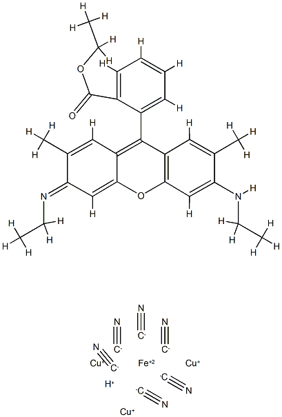 tricopper(1+) hydrogen hexakis(cyano-C)ferrate(4-), compound with ethyl o-[6-(ethylamino)-3-(ethylimino)-2,7-dimethyl-3H-xanthen-9-yl]benzoate (1:1) Struktur