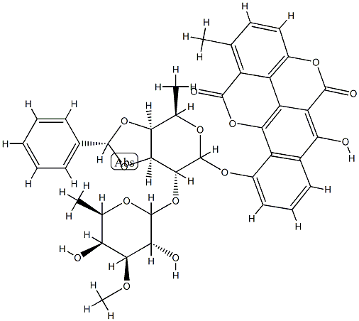 Benzo(h)(1)benzopyrano(5,4,3-cde)(1)benzopyran-5,12-dione, 10-((6-deox y-2-O-(6-deoxy-3-O-methyl-alpha-D-galactopyranosyl)-3,4-O-(phenylmethy lene)-beta-D-galactopyranosyl)oxy)-6-hydroxy-1-methyl- Struktur