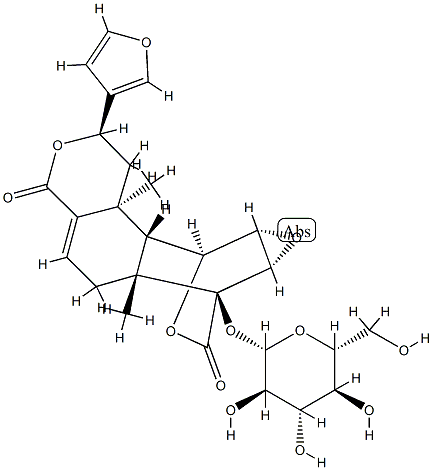 [2R,(-)]-2α-(3-Furanyl)-7α-(β-D-glucopyranosyloxy)-1,2,6,6a,7,7aα,8aα,9,9aα,9b-decahydro-6aα,9bβ-dimethyl-9β,7-(epoxymethano)-4H-oxireno[6,7]naphtho[2,1-c]pyran-4,11-dione Struktur