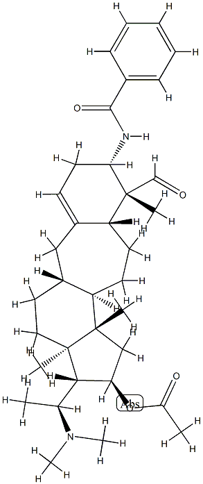 N-[(20S)-16α-Acetyloxy-20-(dimethylamino)-4β-formyl-4,14-dimethyl-9a-homo-19-nor-5α-pregn-1(10)-en-3β-yl]benzamide Struktur