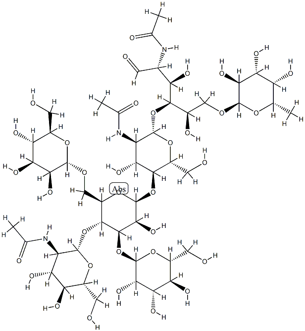 alpha-Manp(1-3)-(beta-GlcpNAc(1-4))-(alpha-Manp(1-6))-beta-Manp(1-4)-beta-GlcpNAc(1-4)-(alpha-Fucp(1-6))-GlcpNAc Struktur