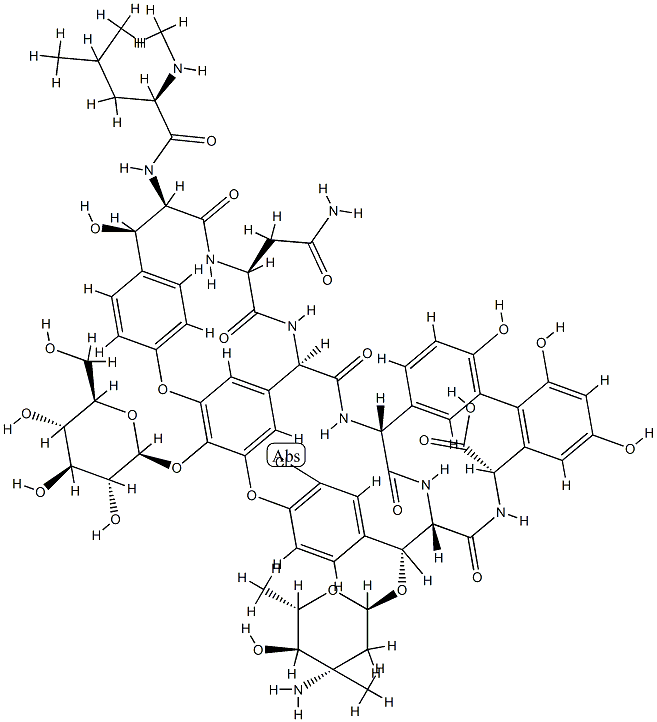 22-O-(3-Amino-2,3,6-trideoxy-3-C-methyl-α-L-arabino-hexopyranosyl)-2'-O-de(3-amino-2,3,6-trideoxy-3-C-methyl-α-L-lyxo-hexopyranosyl)-10-dechlorovancomycin Struktur