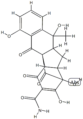 1,2,3,4,9,9a-Hexahydro-5,9,11,14-tetrahydroxy-9-methyl-4,10,12-trioxo-3,2,3a-[1]pentene[1,4,5]triyl-3aH-benz[f]indene-13-carboxamide Struktur