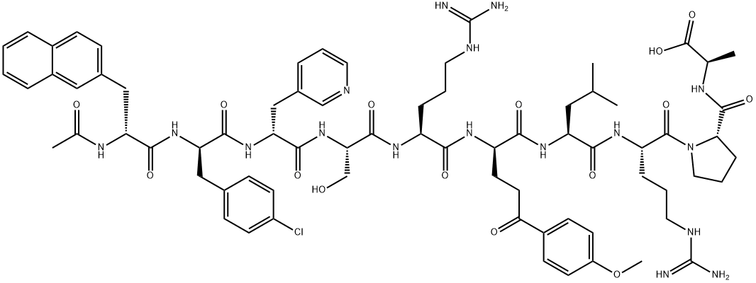 LHRH, N-Ac(2)-Nal(1)-4-Cl-Phe(2)-3-Pal(3)-Arg(5)-5-(4-methoxyphenyl)-5-oxo-2-aminopentanoic acid(6)-Ala(10)- Struktur