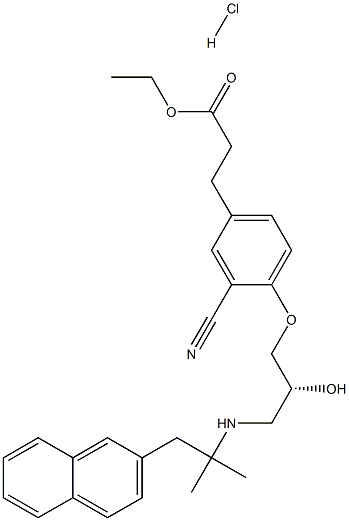 Benzenepropanoic acid, 3-cyano-4-[(2R)-3-[[1,1-diMethyl-2-(2-naphthalenyl)ethyl]aMino]-2-hydroxypropoxy]-, ethyl ester, (Hydrochloride) (1:1) Struktur