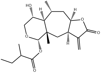 (3aR)-3aα,4,4a,5,7,8,8aα,9,10,10aβ-Decahydro-3-methylene-4aβ,9α-dimethyl-8α-hydroxy-5α-(2-methylbutanoyloxy)furo[2',3':5,6]cyclohepta[1,2-c]pyran-2(3H)-one Struktur