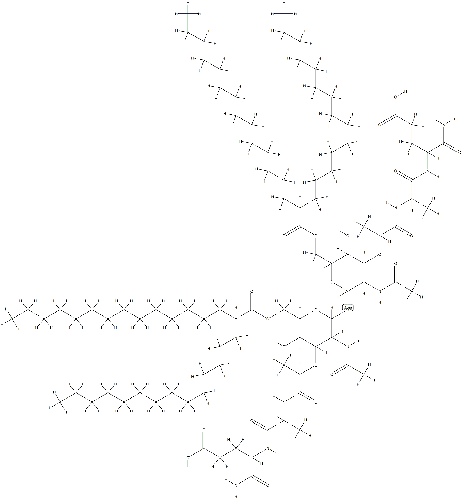 2,2'-O-(2,2'-diacetamido-2,3,2',3'-tetradeoxy-6,6'-di-O-(2-tetradecylhexadecanoyl)-alpha,alpha'-trehalose-3,3'-diyl)bis(N-lactoyl-alanyl-isoglutamine) Struktur