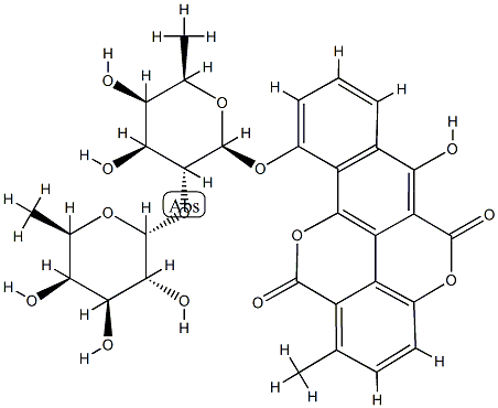 Benzo(h)(1)benzopyrano(5,4,3-cde)(1)benzopyran-5,12-dione, 10-((6-deox y-2-O-(6-deoxy-alpha-D-galactopyranosyl)-beta-D-galactopyranosyl)oxy)- 6-hydroxy-1-methyl- Struktur