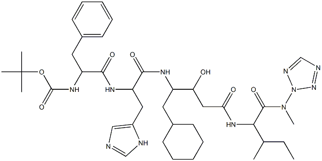 N-(tert-Butoxycarbonal)-phenylalanyl-histidyl-(4-amino-3-hydroxy-5-cyc lohexyl)-pentacarbonyl-isoleucyl-(2-amidomethyl)tetrazol Struktur