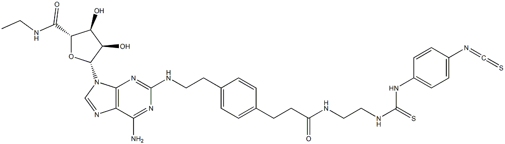 4-isothiocyanatophenylaminothiocarbonyl-2-((2-aminoethylaminocarbonylethyl)phenylethylamino)-5'-N-ethylcarboxamidoadenosine Struktur