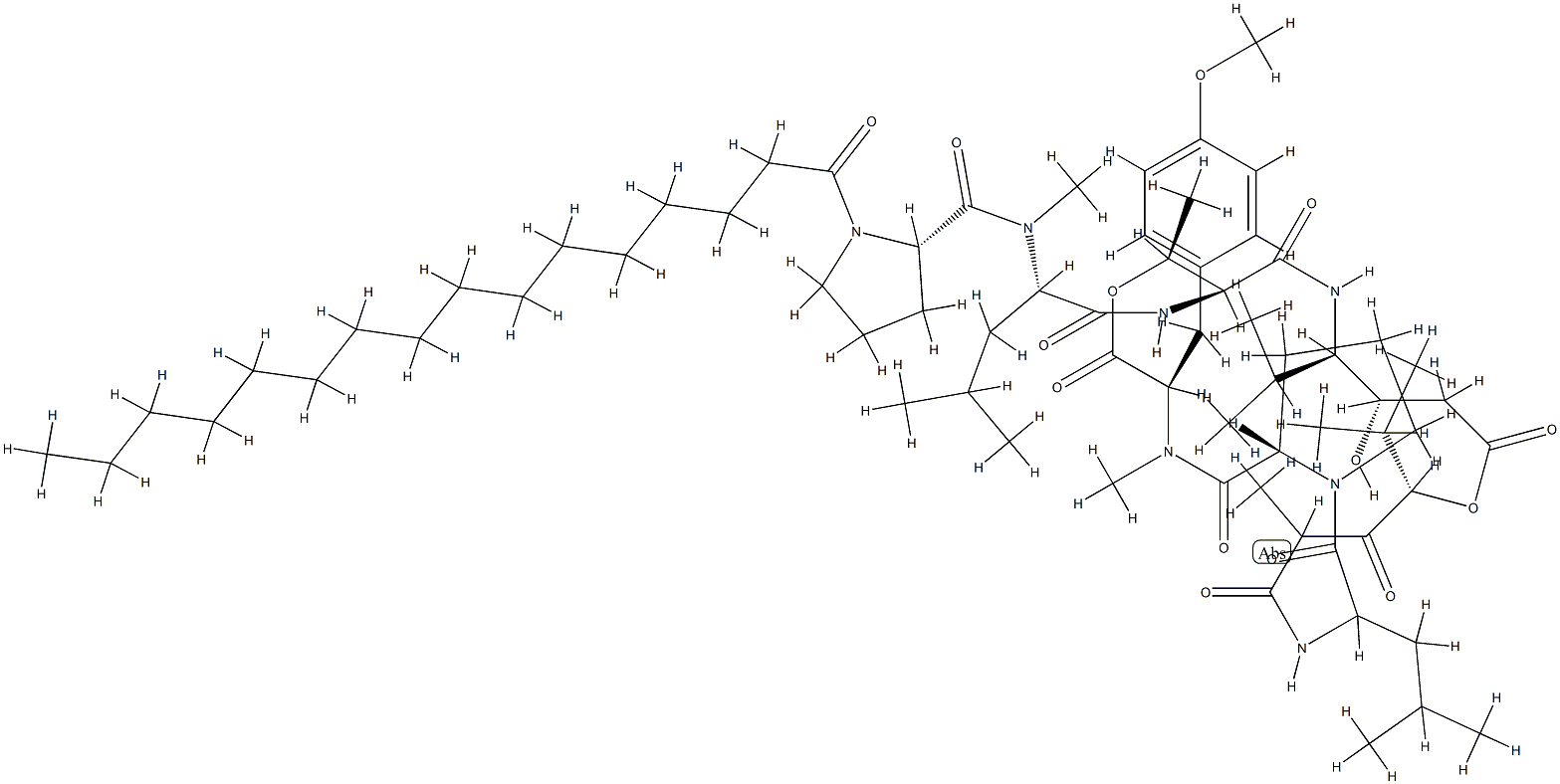 N-[N-Hexadecanoyl-L-Pro-N-methyl-D-Leu-]cyclo[L-Thr*-[(3S,4R)-3-hydroxy-4-isopropyl-γAbu-]-[(2S,4S)-4-hydroxy*-2,5-dimethyl-3-oxohexanoyl]-L-Leu-L-Pro-N,O-dimethyl-L-Tyr-] Struktur