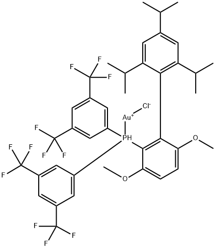 Chloro(2-{bis[3,5-bis(trifluoromethyl)phenyl]phosphino}-3,6-dimethoxy-2′,4′,6′-triisopropyl-1,1′-biphenyl)gold(I) Struktur