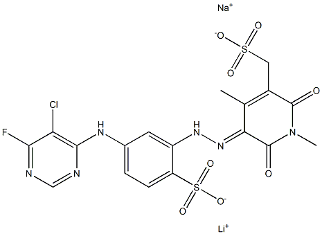 sodium (1.0-1.95)/lithium (0.05-1) 5-((5-((5-chloro-6-fluoro-pyrimidin-4-yl)amino)-2-sulfonatophenyl)azo)-1,2-dihydro-6-hydroxy-1,4-dimethyl-2-oxo-3-pyridinemethylsulfonate Struktur