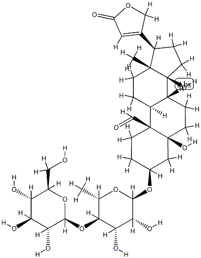 (3beta,5beta)-3-[(6-deoxy-4-O-beta-D-glucopyranosyl-alpha-L-mannopyranosyl)oxy]-5,14-dihydroxy-19-oxocard-20(22)-enolide Struktur