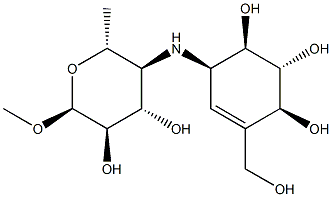 alpha-D-Glucopyranoside, methyl 4,6-dideoxy-4-((4,5,6-trihydroxy-3-(hy droxymethyl)-2-cyclohexen-1-yl)amino)-, (1R-(1alpha,4alpha,5beta,6alph a))- Struktur