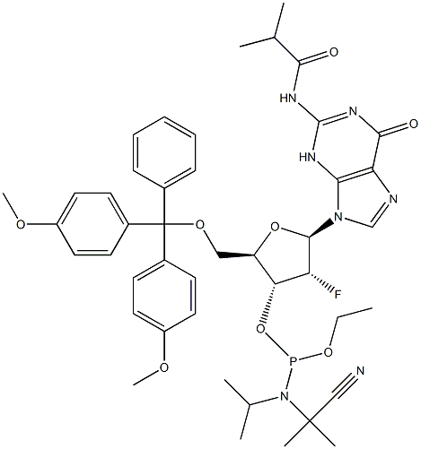 5'-O-[Bis(4-methoxyphenyl)phenylmethyl]-2'-deoxy-2'-fluoro-N-(2-methyl-1-oxopropyl)guanosine 3'-[2-cyanoethyl N,N-bis(1-methylethyl)phosphoramidite] Structure