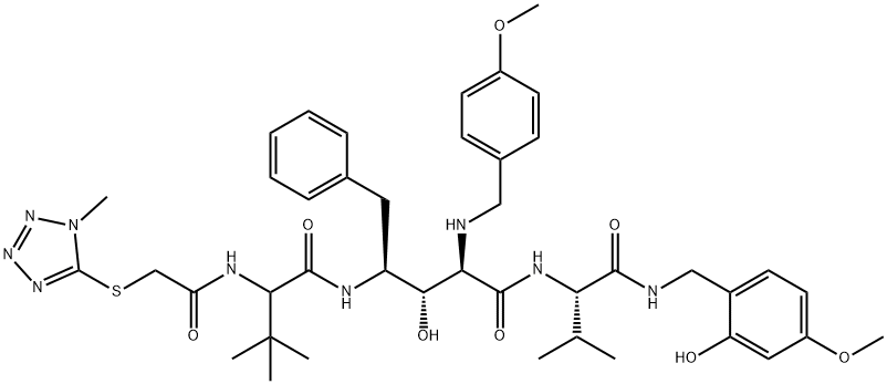 (2R,3S,4S)-N-[4-[3-hydroxy-2-(4-methoxybenzylamino)[[N-[(1-methyl-1,3, 4,5-tetrazol-2-thiaocetyl)tert.leucinyl]amino]-5-phenylpentanoyl]valin e 2-hydroxy-4-methoxy-benzylamide Struktur