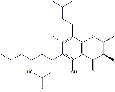 (2R,βR)-3,4-Dihydro-5-hydroxy-7-methoxy-2,3β-dimethyl-8-(3-methyl-2-butenyl)-4-oxo-β-pentyl-2H-1-benzopyran-6-propionic acid Struktur