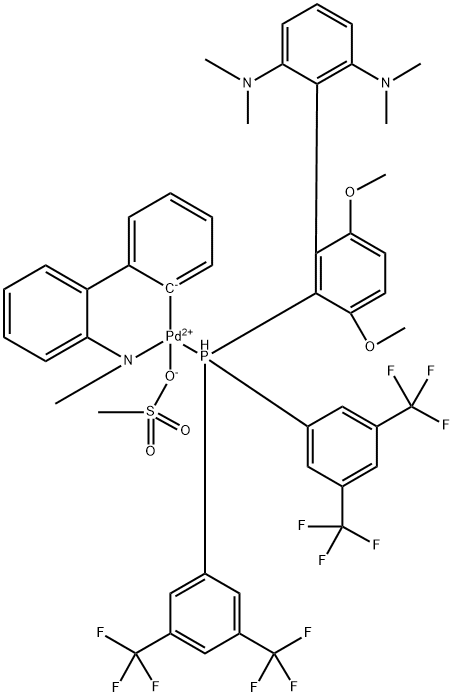 Methanesulfonato(2-bis(3,5-di(trifluoromethyl)phenylphosphino)-3,6-dimethoxy-2',6'-bis(dimethylamino)-1,1'-biphenyl )(2'-methylamino-1,1'-biphenyl-2-yl)palladium(II) Struktur