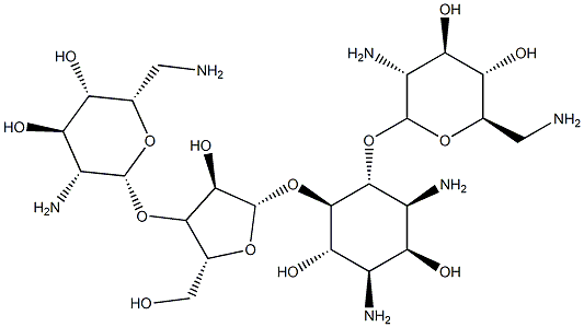 1,3-Diamino-4-O-(2,6-diamino-2,6-dideoxy-α-D-glucopyranosyl)-5-O-[3-O-(2,6-diamino-2,6-dideoxy-β-L-idopyranosyl)-β-D-ribofuranosyl]-1,3-dideoxy-D-myo-inositol Struktur