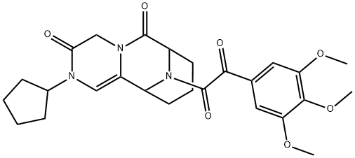 2-Cyclopentyl-8,9,10,11-tetrahydro-12-[2-oxo-2-(3,4,5-trimethoxyphenyl)acetyl]-7,11-imino-2H-pyrazino[1,2-a]azocine-3,6(4H,7H)-dione Struktur