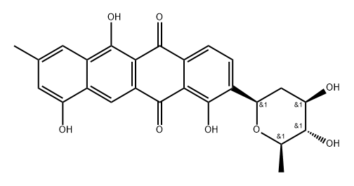 1,6,10-Trihydroxy-2-(2,6-dideoxy-β-D-arabino-hexopyranosyl)-8-methylnaphthacene-5,12-dione Struktur