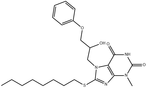 7-(2-hydroxy-3-phenoxypropyl)-3-methyl-8-(octylsulfanyl)-3,7-dihydro-1H-purine-2,6-dione Struktur