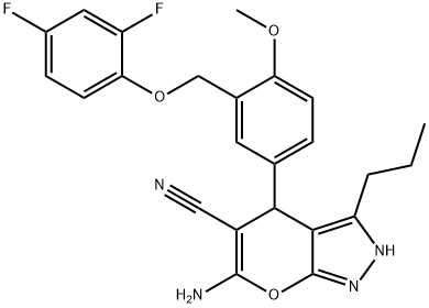 6-amino-4-{3-[(2,4-difluorophenoxy)methyl]-4-methoxyphenyl}-3-propyl-1,4-dihydropyrano[2,3-c]pyrazole-5-carbonitrile Struktur