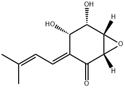 (1S,6β)-4α,5α-Dihydroxy-3-[(E)-3-methyl-2-butenylidene]-7-oxabicyclo[4.1.0]heptan-2-one Struktur