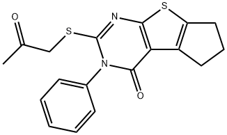 2-[(2-oxopropyl)sulfanyl]-3-phenyl-3,5,6,7-tetrahydro-4H-cyclopenta[4,5]thieno[2,3-d]pyrimidin-4-one Struktur