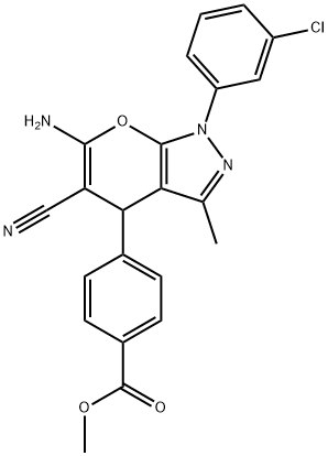 methyl 4-[6-amino-1-(3-chlorophenyl)-5-cyano-3-methyl-1,4-dihydropyrano[2,3-c]pyrazol-4-yl]benzoate Struktur