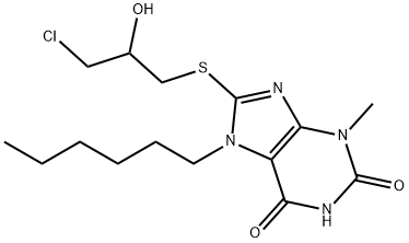 8-[(3-chloro-2-hydroxypropyl)sulfanyl]-7-hexyl-3-methyl-3,7-dihydro-1H-purine-2,6-dione Struktur