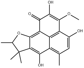 8,9-Dihydro-2,4,7-trihydroxy-3-methoxy-6,8,8,9-tetramethyl-1H-phenaleno[1,2-b]furan-1-one Struktur