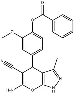 4-(6-amino-5-cyano-3-methyl-1,4-dihydropyrano[2,3-c]pyrazol-4-yl)-2-methoxyphenyl benzoate Struktur