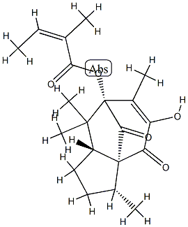 (Z)-2-Methyl-2-butenoic acid [(3R)-2,3,8,8aα-tetrahydro-5-hydroxy-3,6,8,8-tetramethyl-4,9-dioxo-3aβ,7-methano-1H-azulen-7α(4H)-yl] ester Struktur