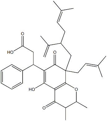 3,4,7,8-Tetrahydro-5-hydroxy-2,3-dimethyl-8-(3-methyl-2-butenyl)-8-[5-methyl-2-(1-methylethenyl)-4-hexenyl]-4,7-dioxo-β-phenyl-2H-1-benzopyran-6-propionic acid Struktur