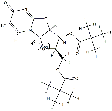 2,2-Dimethylpropionic acid (2R)-2,3,3aβ,9aβ-tetrahydro-6-oxo-2α-[(pivaloyloxy)methyl]-6H-furo[2',3':4,5]oxazolo[3,2-a]pyrimidin-3β-yl ester Struktur