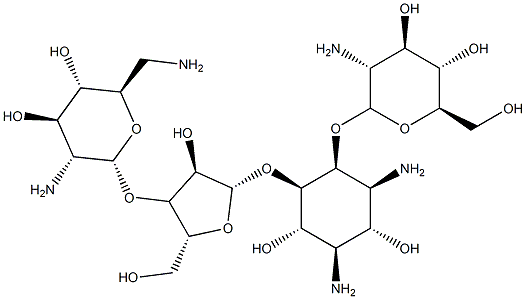 4-O-(2-Amino-2-deoxy-α-D-glucopyranosyl)-5-O-[3-O-(2,6-diamino-2,6-dideoxy-α-D-glucopyranosyl)-β-D-ribofuranosyl]-D-streptamine Struktur