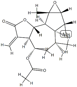 (3aR,6aR)-3aβ,5,6,7aα,7bα,8a,8bβ,8cα-Octahydro-4β-acetoxy-6β-hydroxy-6,8aα-dimethyl-3-methylene-4H-bisoxireno[1,8a:2,3]azuleno[4,5-b]furan-2(3H)-one Struktur