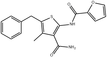 N-[3-(aminocarbonyl)-5-benzyl-4-methyl-2-thienyl]-2-furamide Struktur