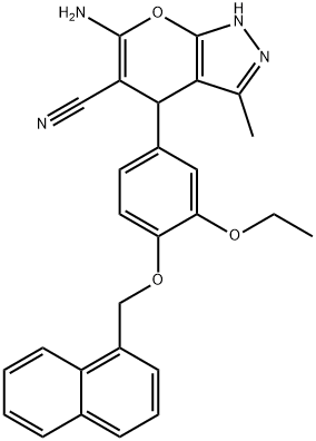 6-amino-4-[3-ethoxy-4-(1-naphthylmethoxy)phenyl]-3-methyl-1,4-dihydropyrano[2,3-c]pyrazole-5-carbonitrile Struktur