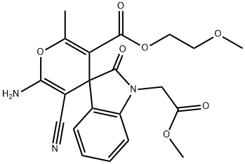 methyl (3'-{2'-methoxyethoxycarbonyl}-6'-amino-5'-cyano-2'-methyl-2-oxo-2,3-dihydrospiro[1H-indol-3,4'-(4'H)-pyran]-1-yl)acetate Struktur