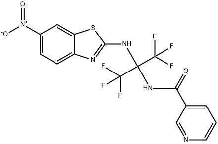 N-[2,2,2-trifluoro-1-({6-nitro-1,3-benzothiazol-2-yl}amino)-1-(trifluoromethyl)ethyl]nicotinamide Struktur