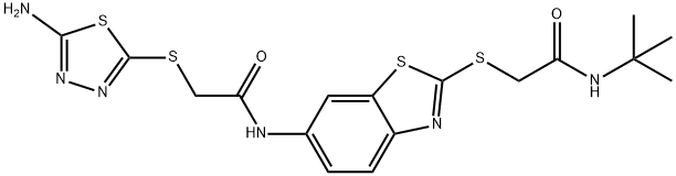 2-[(5-amino-1,3,4-thiadiazol-2-yl)sulfanyl]-N-(2-{[2-(tert-butylamino)-2-oxoethyl]sulfanyl}-1,3-benzothiazol-6-yl)acetamide Struktur