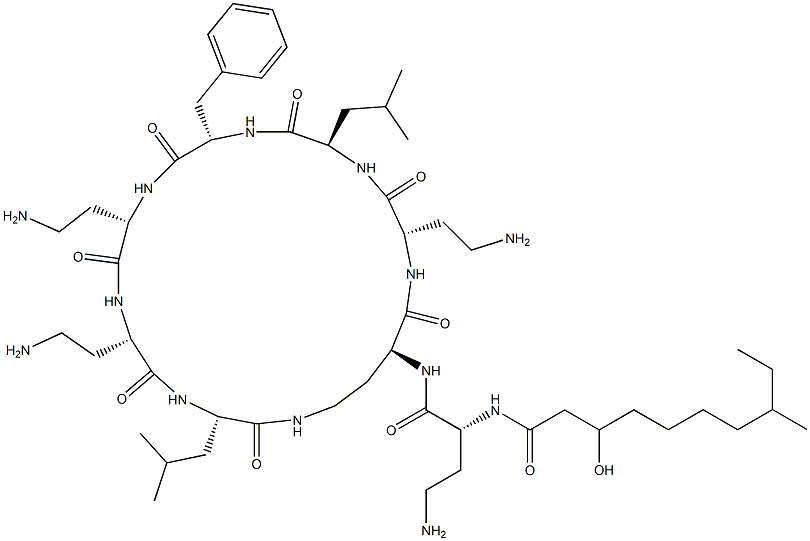 N2-[N2-(3-Hydroxy-8-methyl-1-oxodecyl)-D-DAB-]cyclo[L-DAB*-L-DAB-D-Leu-L-Phe-L-DAB-L-DAB-L-Leu-] Struktur