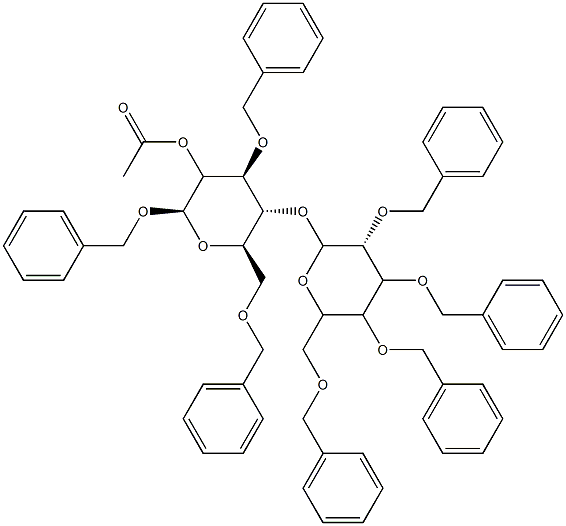 Phenylmethyl 3-O,6-O-bis(phenylmethyl)-4-O-[2-O,3-O,4-O,6-O-tetrakis(phenylmethyl)-α-D-glucopyranosyl]-β-D-glucopyranoside 2-acetate Struktur