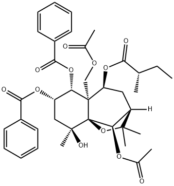 (S)-2-Methylbutanoic acid [(3R,10R)-10-acetoxy-5aβ-acetoxymethyl-6β,7β-bis(benzoyloxy)-3,4,5,5a,6,7,8,9-octahydro-9α-hydroxy-2,2,9-trimethyl-2H-3β,9aβ-methano-1-benzoxepin-5α-yl] ester Struktur