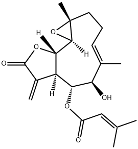 3-Methyl-2-butenoic acid [(1aR,4E,6R,7R,7aR,10aS,10bR)-1a,2,3,6,7,7a,8,9,10a,10b-decahydro-6-hydroxy-1a,5-dimethyl-8-methylene-9-oxooxireno[9,10]cyclodeca[1,2-b]furan-7-yl] ester Struktur