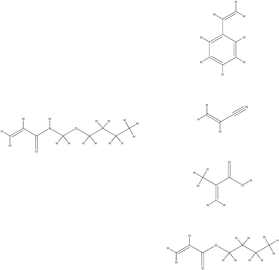 2-Propenoic acid, 2-methyl-, polymer with N-(butoxymethyl)-2-propenamide, butyl 2-propenoate, ethenylbenzene and 2-propenenitrile Struktur